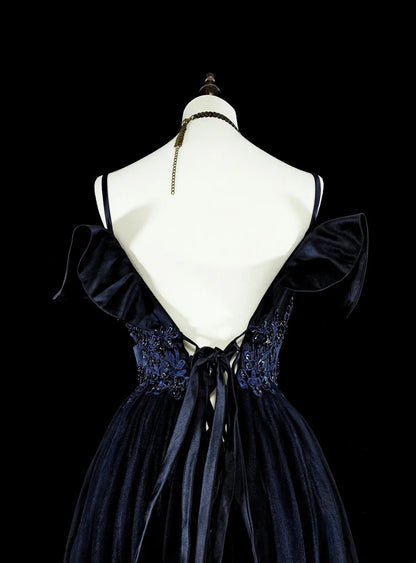 Robe de soirée vintage années 80, coupe trapèze, bretelles spaghetti, tulle bleu marine, robe de bal longue N1754