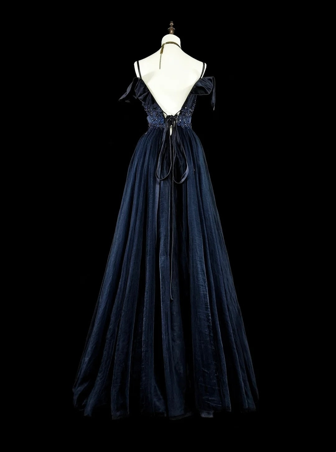 Robe de soirée vintage années 80, coupe trapèze, bretelles spaghetti, tulle bleu marine, robe de bal longue N1754