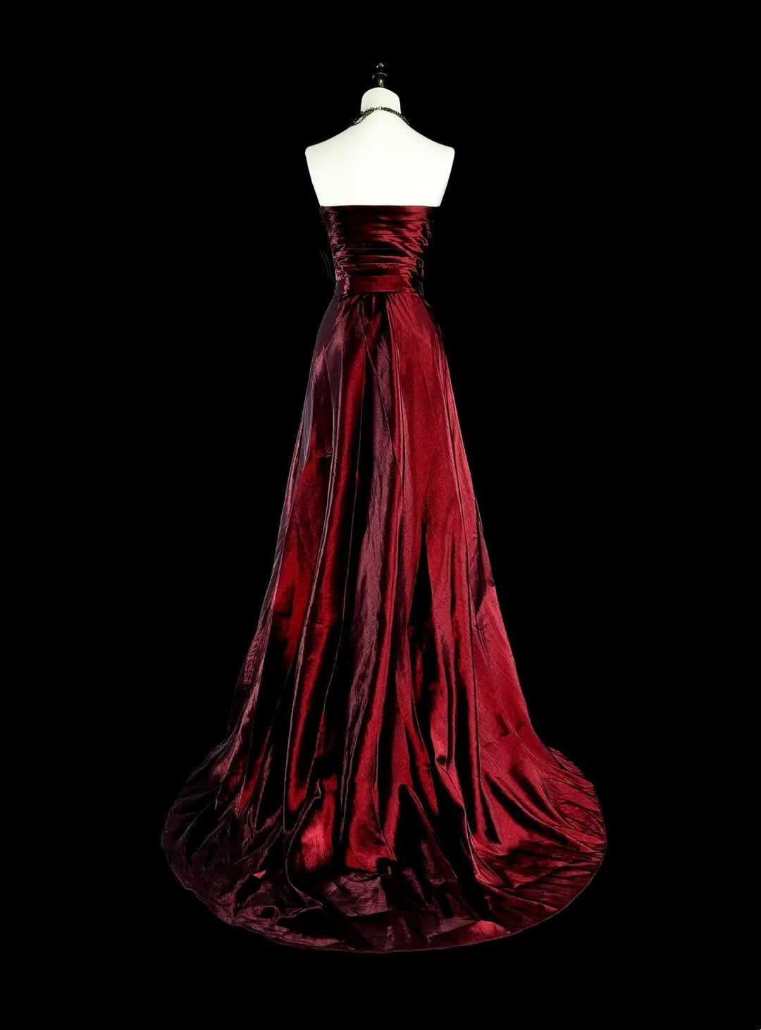 Vintage A-Linien-Abendkleid aus burgunderrotem Satin im Stil der 90er Jahre, trägerlos, formell, Geburtstagskleid, langes Ballkleid N1760