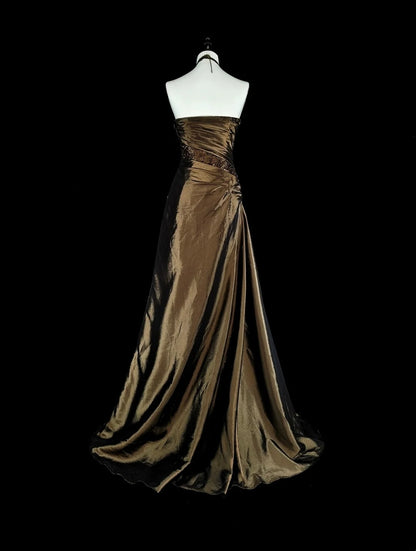 Vintage-Abendkleider im Stil der 1950er Jahre, Meerjungfrauen-Stil, trägerlos, braun, lang, mit Perlenstickerei N2009