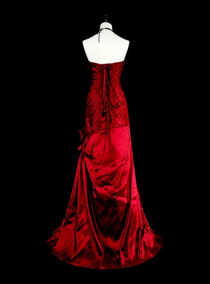 Vintage Abschlussballkleider Meerjungfrau Sweetheart Burgunderrot Satin mit Perlen Falten Langes Abendkleid N2385