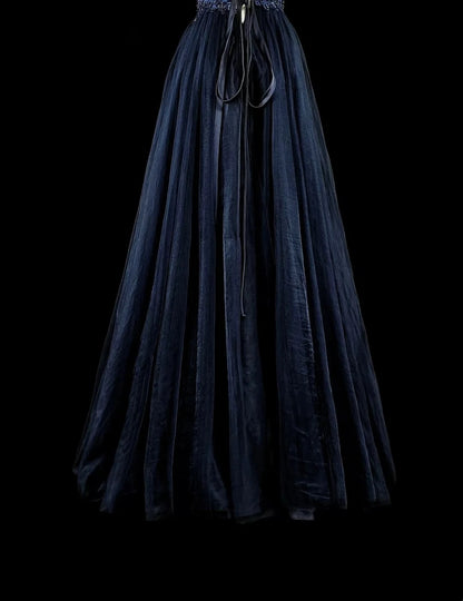 Robe de soirée vintage années 80, coupe trapèze, bretelles spaghetti, tulle bleu marine, robe de bal longue N1754
