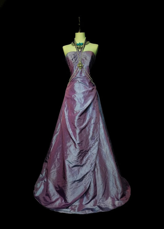 Robe de bal vintage bustier en taffetas lilas années 80, robe de soirée longue et élégante N1428