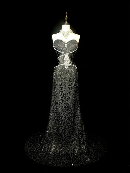 Vintage Mermaid Sweetheart Black Lace 90s With Beaded Long Prom Dresses Senior High Schools Formal Party Dress N1437