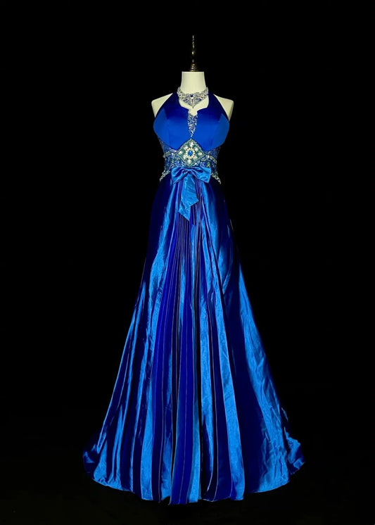 Robe de bal longue vintage années 80, coupe trapèze, dos nu, en satin bleu royal, sans manches, référence N1429
