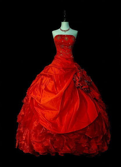 Robe de bal vintage bustier en satin rouge à volants, robe de quinceañera longue (taille 15) - N1435