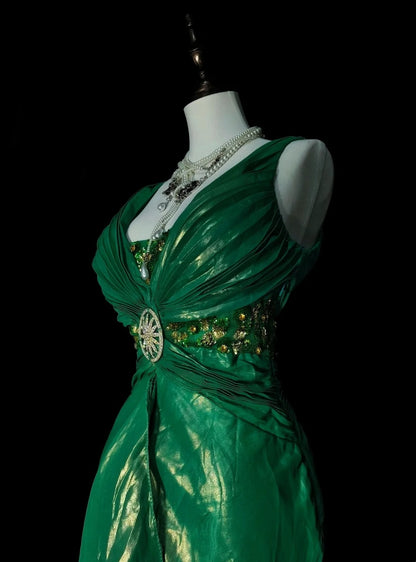 Vintage Mermaid V Neck Dark Green 90s With Ruffles Beaded Long Summer Prom Dresses Senior High Schools Formal Party Dress N1427