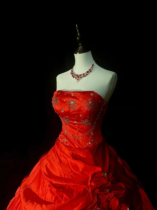 Vintage Ball Gown Strapless Red Satin With Layers Tiered Sweet 16 Dresses Quinceanera Dress Long 15 Vestidos De Fiesta N1435