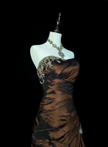 Vintage Meerjungfrauen-Abendkleid mit Herzausschnitt, ärmellos, braun, 80er Jahre, langes formelles Abendkleid N1430
