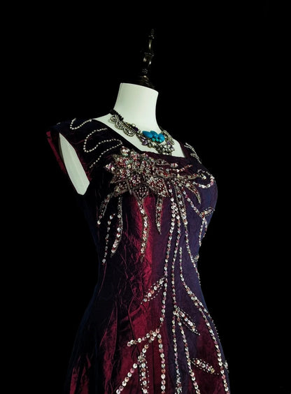 Robes de bal vintage Trapèze Col carré Violet avec perles Robe longue de soirée années 1970 N2700