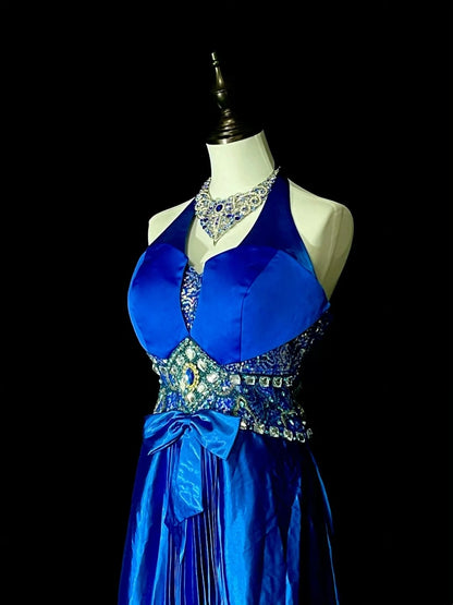 Robe de bal longue vintage années 80, coupe trapèze, dos nu, en satin bleu royal, sans manches, référence N1429