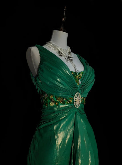 Vintage Mermaid V Neck Dark Green 90s With Ruffles Beaded Long Summer Prom Dresses Senior High Schools Formal Party Dress N1427