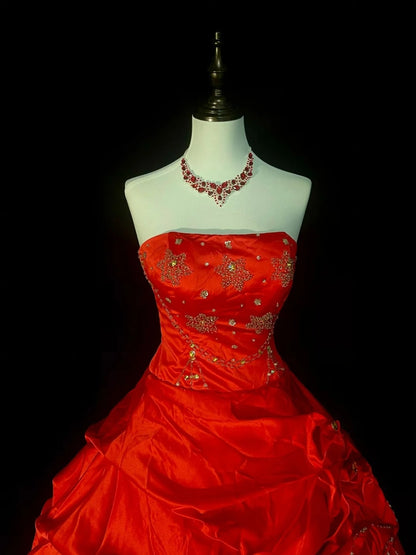 Robe de bal vintage bustier en satin rouge à volants, robe de quinceañera longue (taille 15) - N1435