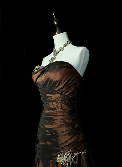 Vintage Meerjungfrauen-Abendkleid mit Herzausschnitt, ärmellos, braun, 80er Jahre, langes formelles Abendkleid N1430