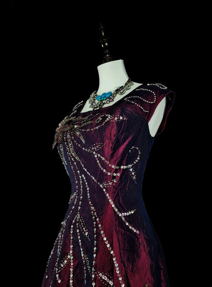 Robes de bal vintage Trapèze Col carré Violet avec perles Robe longue de soirée années 1970 N2700
