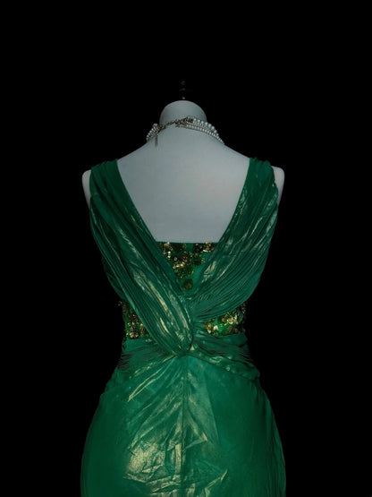 Vintage Mermaid V Neck Dark Green 90s With Ruffles Beaded Long Summer Prom Dresses Senior High Schools Formal Party Dress N1427