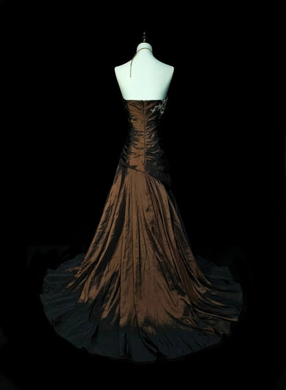 Vintage Meerjungfrauen-Abendkleid mit Herzausschnitt, ärmellos, braun, 80er Jahre, langes formelles Abendkleid N1430