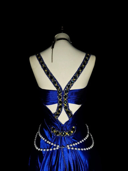 Robe de bal longue vintage années 80, coupe trapèze, dos nu, en satin bleu roi, sans manches, référence N1433