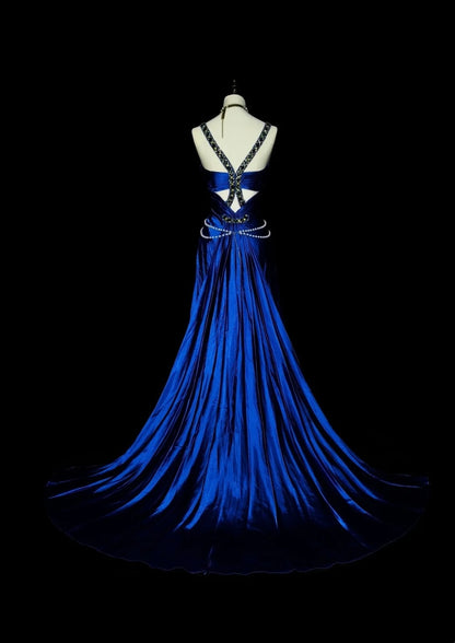 Robe de bal longue vintage années 80, coupe trapèze, dos nu, en satin bleu roi, sans manches, référence N1433