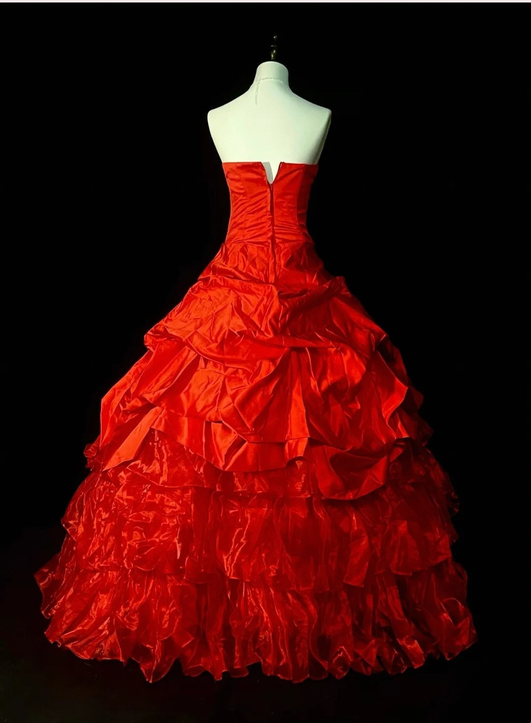 Robe de bal vintage bustier en satin rouge à volants, robe de quinceañera longue (taille 15) - N1435
