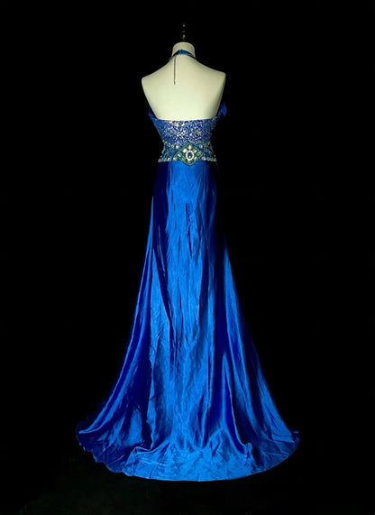 Robe de bal longue vintage années 80, coupe trapèze, dos nu, en satin bleu royal, sans manches, référence N1429