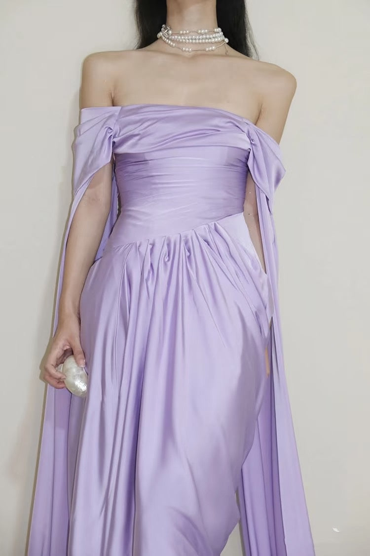 Elegantes, schlichtes Etuikleid mit schulterfreiem Schnitt in Flieder – Inspiration für jeden Stil. Beeindruckendes langes Abendkleid mit Cape-Ärmeln, SA094.