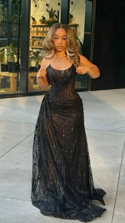 Glitzerndes trägerloses nachtblaues langes Partykleid, Ballkleid, Pailletten-Meerjungfrau, figurbetont für Damen N4092