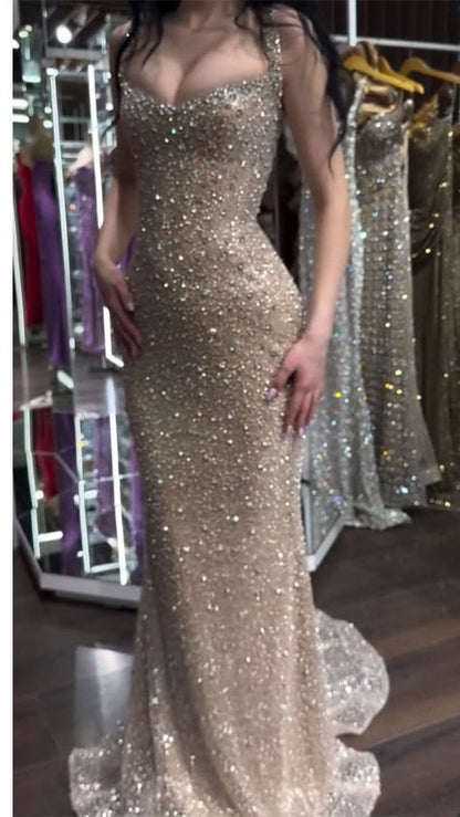 Glitzer Abschlussballkleider Meerjungfrau Neckholder Champagner Pailletten Langes Abendkleid Ballkleid RB3343