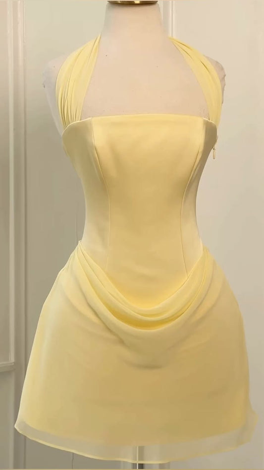 Sexy A Line Halter Chiffon Yellow Satin Mini Graduation Dresses Short High School For 8th Grade Homecoming Gown RB3418