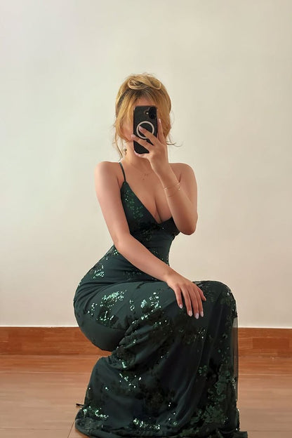 Zeitloses dunkelgrünes, ärmelloses Ballkleid mit Spaghettiträgern, Meerjungfrauenschnitt, V-Ausschnitt und Schnürung am Rücken AB1586
