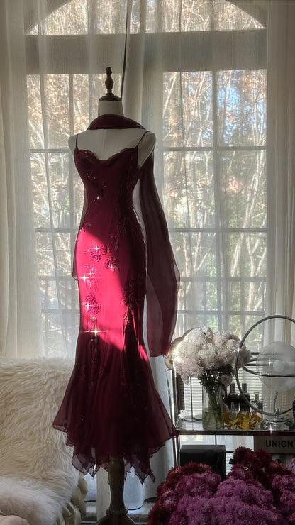 Elegant Mermaid Spaghetti Straps Burgundy Chiffon Prom Dresses Inspiration Trending Evening Gowns Formal Party Prom Dress B374