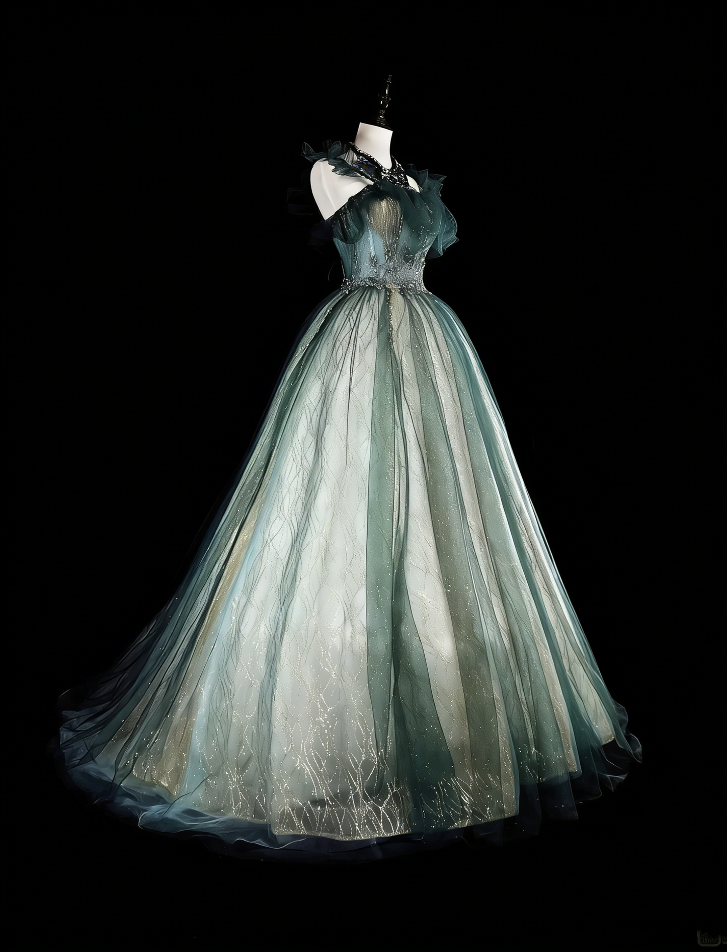 Robes de bal vintage Robes de soirée bretelles en tulle vert avec volants Robe longue de soirée des années 1980 N2712