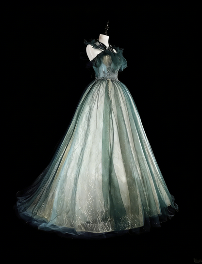 Robes de bal vintage Robes de soirée bretelles en tulle vert avec volants Robe longue de soirée des années 1980 N2712