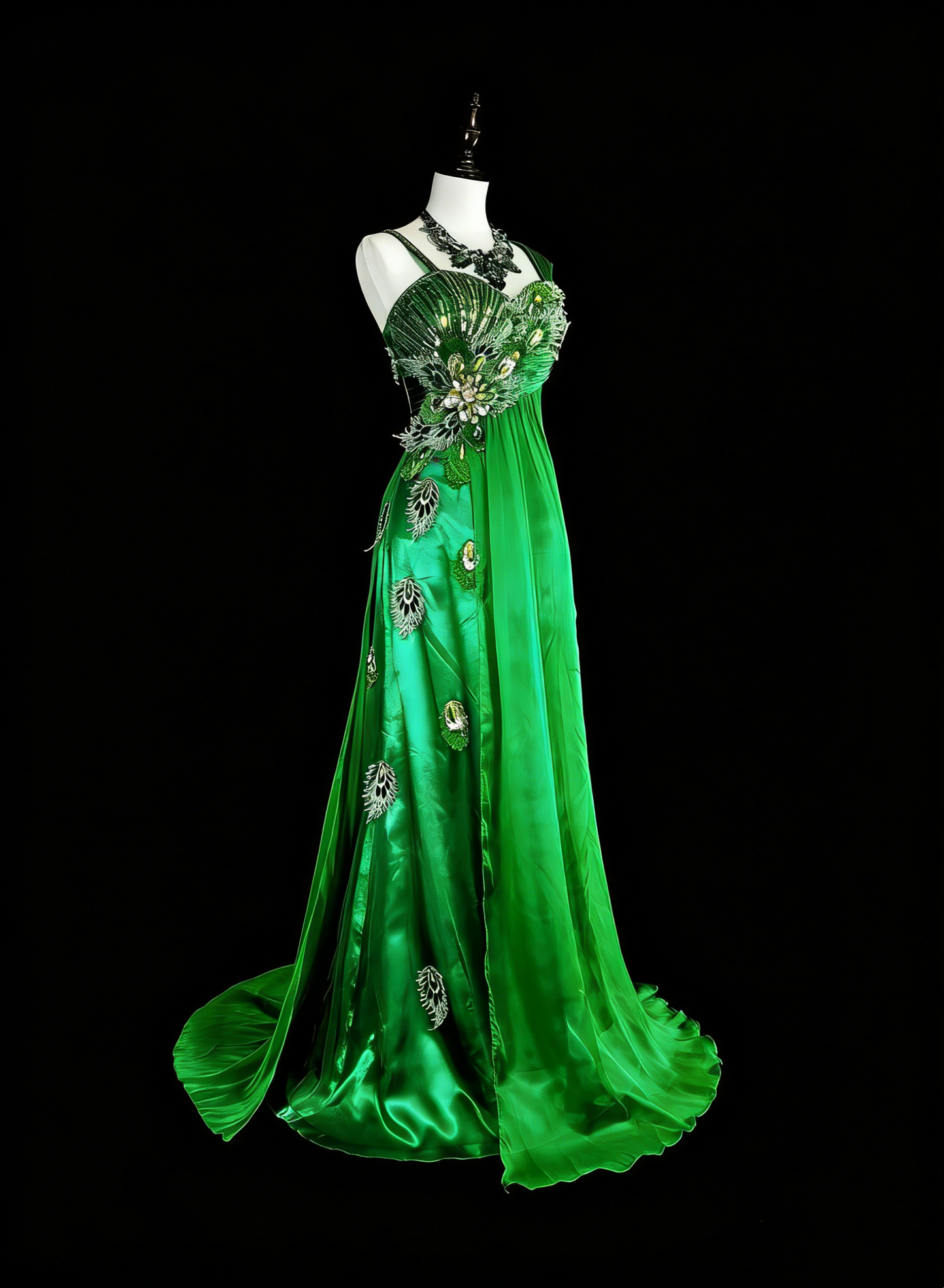 Robe de bal longue verte vintage années 70, coupe trapèze, bretelles, plissée et ornée de perles, référence N1840