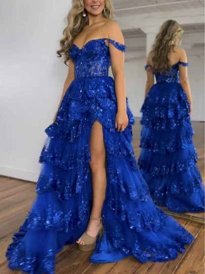 Robe de bal longue en dentelle bleu marine à épaules dénudées et fente, Vestidos De Dia AB530
