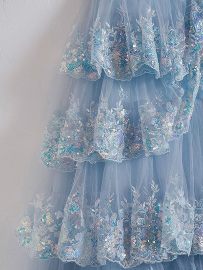 Light Blue Off The Shoulder Tulle Sequin Ruffle Tiered Long Gown with Slit Vestidos De Dia AB524