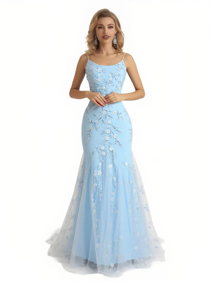 Robe de soirée longue maxi à bretelles spaghetti bleu sirène à fleurs, modèle AB514
