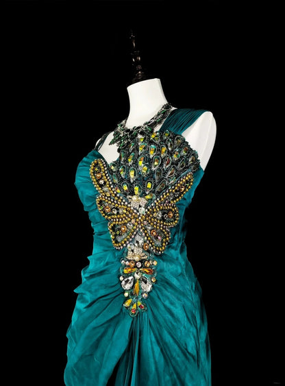 Vintage Meerjungfrauen-Kleid in Grün aus den 70er Jahren mit plissierten goldenen Perlen, langes Ballkleid, Partykleid N1837