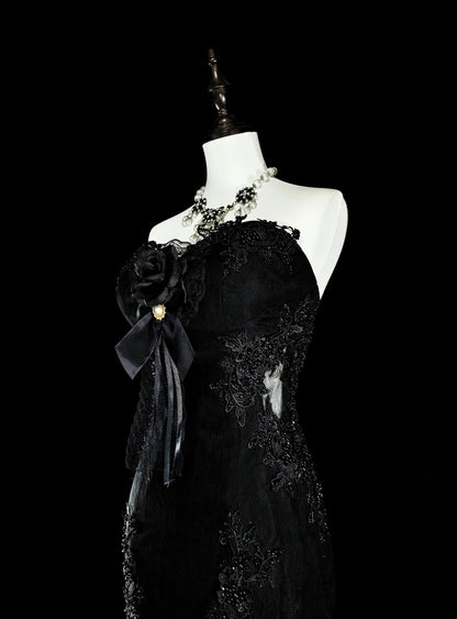 Robes de bal vintage Esthétique sirène Coeur chérie Tulle noir avec appliqués Robe longue de soirée N2157