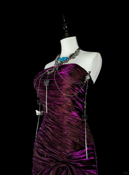 Robes de Bal Vintage Sirène Bustier Satin Violet Plissé Années 90 Longue Robe de Soirée Formale N2711