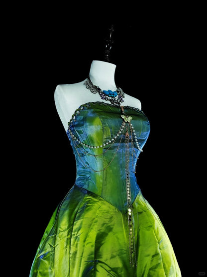 Vintage Ballkleid, trägerlos, grünem Taft mit Rüschen, 1980er Jahre langes Abendkleid N2714
