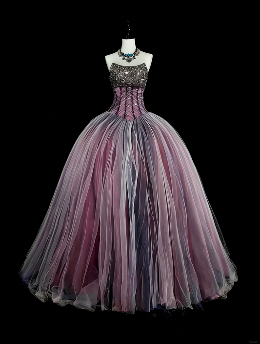 Princess Ball Gown Strapless Purple Tulle With Beaded Sweet 16 Dresses Quinceanera Dress N3416