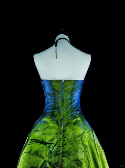 Vintage Ballkleid, trägerlos, grünem Taft mit Rüschen, 1980er Jahre langes Abendkleid N2714