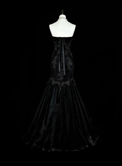 Vintage 1980s Mermaid Sweetheart Black Tulle With Appliques Sleeveless Long Prom Formal Dresses N1599