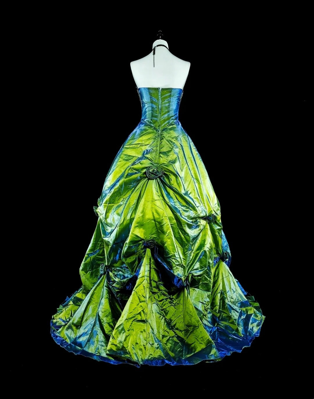 Vintage Ballkleid, trägerlos, grünem Taft mit Rüschen, 1980er Jahre langes Abendkleid N2714