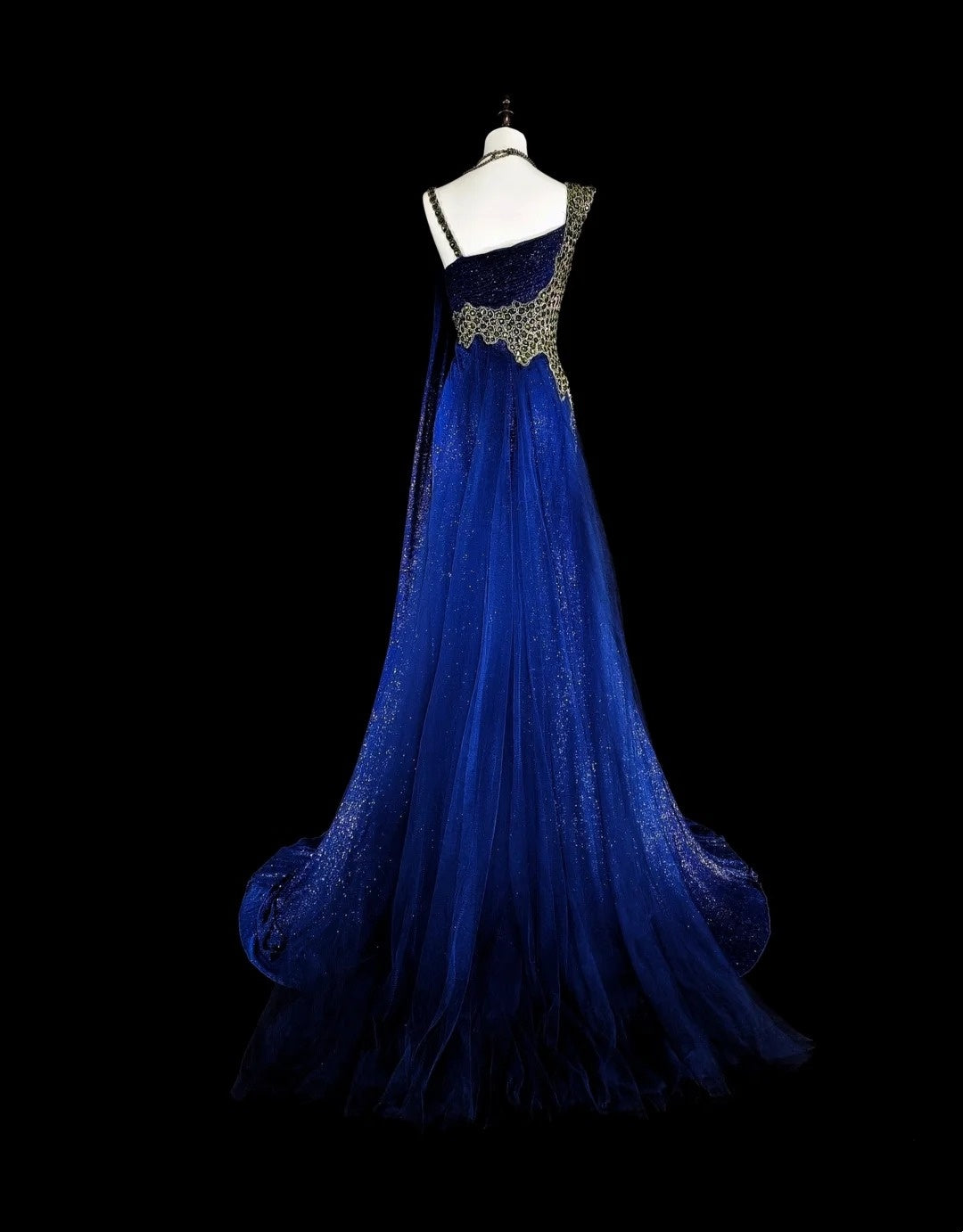 Vintage 1980s Mermaid One Shoulder Royal Blue Satin With Beaded Long Prom Formal Dresses N1607