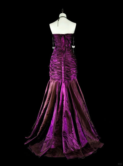 Robes de Bal Vintage Sirène Bustier Satin Violet Plissé Années 90 Longue Robe de Soirée Formale N2711