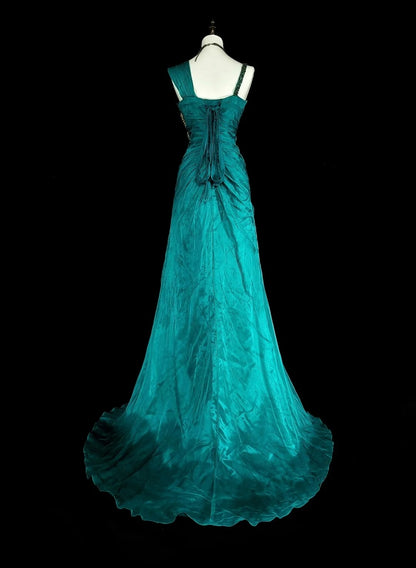 Vintage Meerjungfrauen-Kleid in Grün aus den 70er Jahren mit plissierten goldenen Perlen, langes Ballkleid, Partykleid N1837