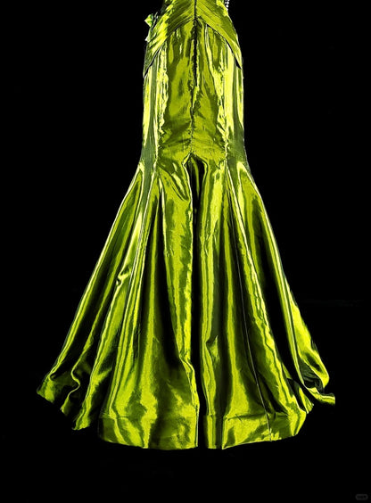 Robes de bal de rêve vintage années 90 rétro épaule dénudée vert olive satiné longues tenues de soirée N2366