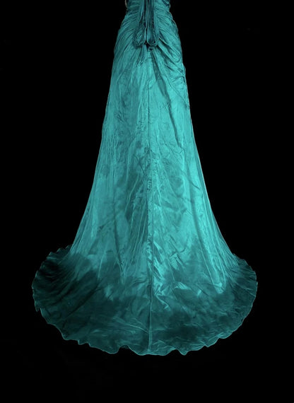 Vintage Meerjungfrauen-Kleid in Grün aus den 70er Jahren mit plissierten goldenen Perlen, langes Ballkleid, Partykleid N1837